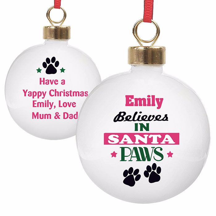 Personalised SANTA PAWS PET CHRISTMAS BAUBLE Ceramic Christmas Tree Bauble