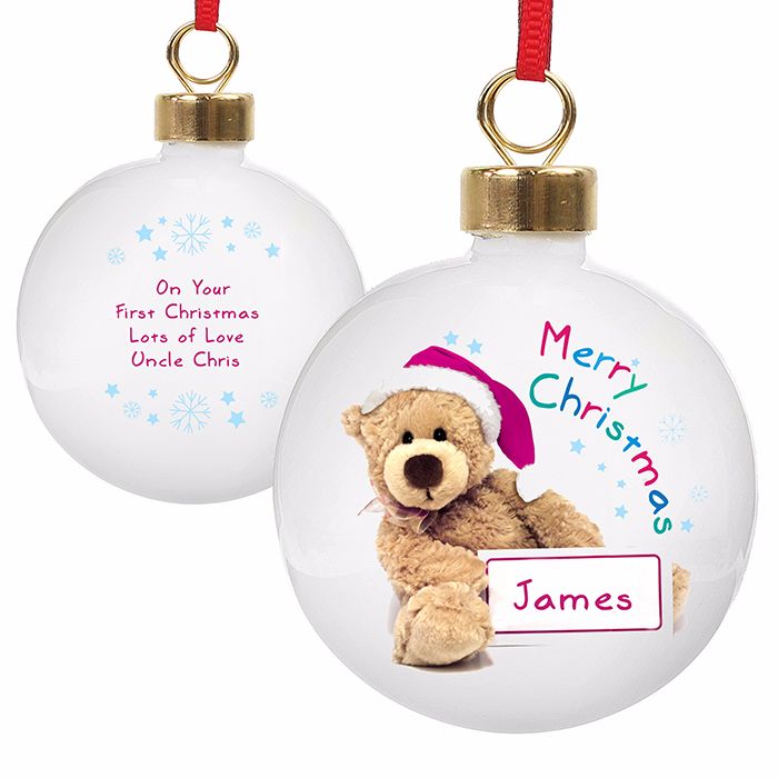 Personalised TEDDY CHRISTMAS BAUBLE Ceramic Christmas Tree Bauble Decoratio