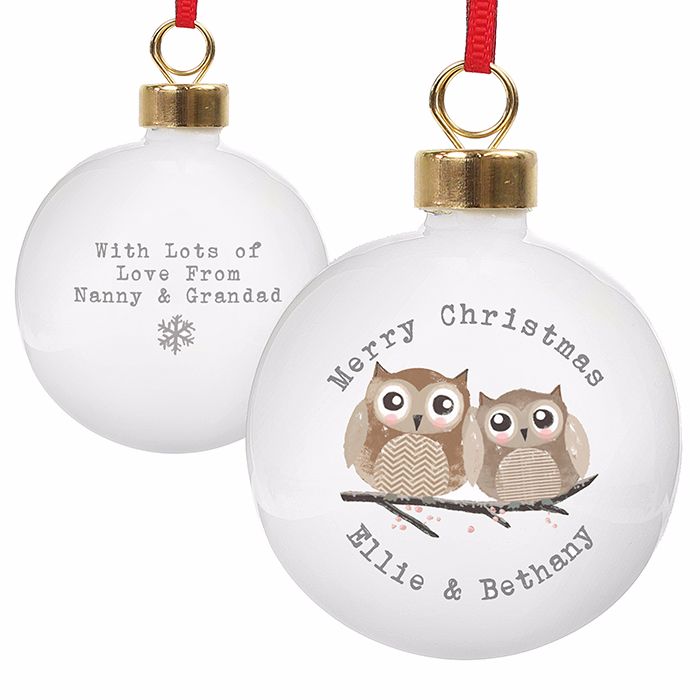 Personalised CHRISTMAS OWLS CHRISTMAS BAUBLE Ceramic Christmas Tree Bauble