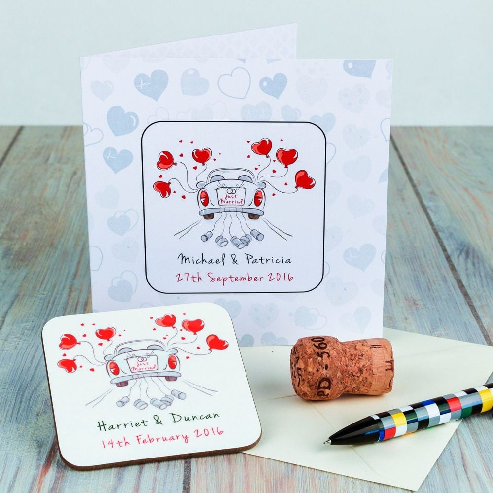 Personalised JUST MARRIED WEDDING CARD & COASTER SET