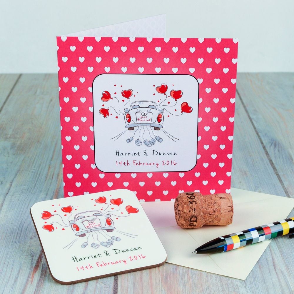 Personalised JUST MARRIED WEDDING CARD & COASTER SET