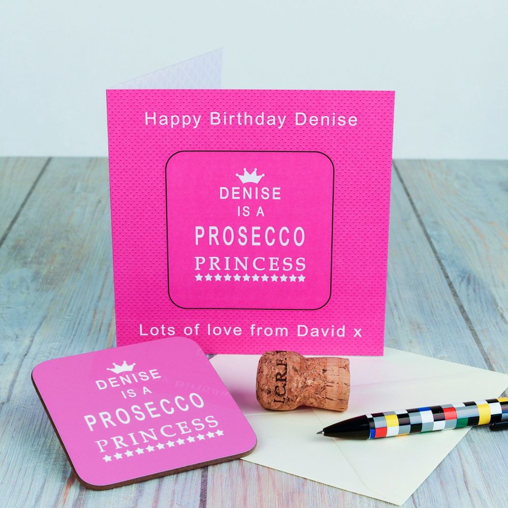 Personalised PROSECCO PRINCESS CARD & COASTER SET
