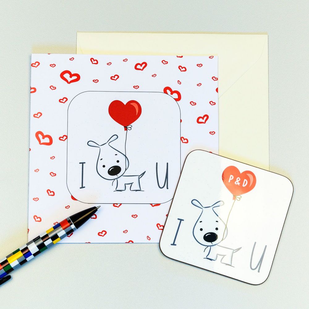 Personalised I WOOF U CARD & COASTER SET