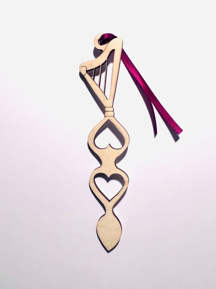 <!-- 005 --> Wooden Harp Ornament - Welsh Love Spoon