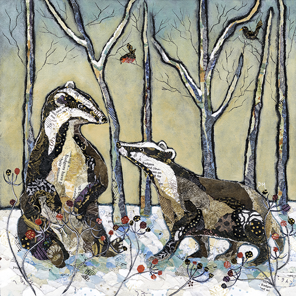 Badgers in Winter Woodland  - Art Print