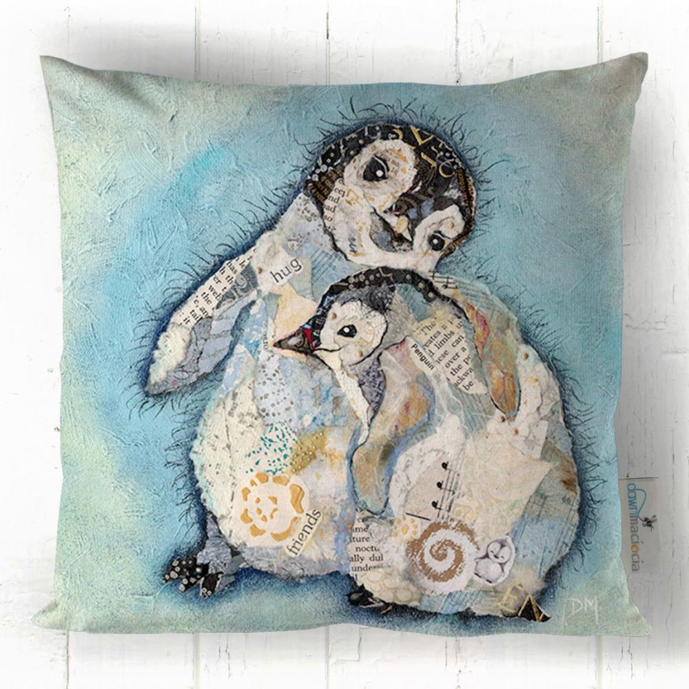 Two Baby Penguins Hugging Art Cushion