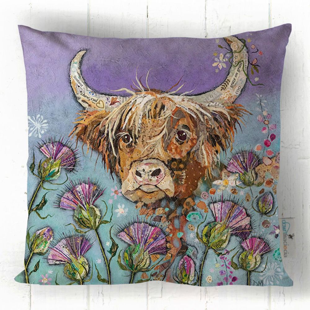 Thistle Coo - Highland Cow Cushion - Mauve & Turquoise