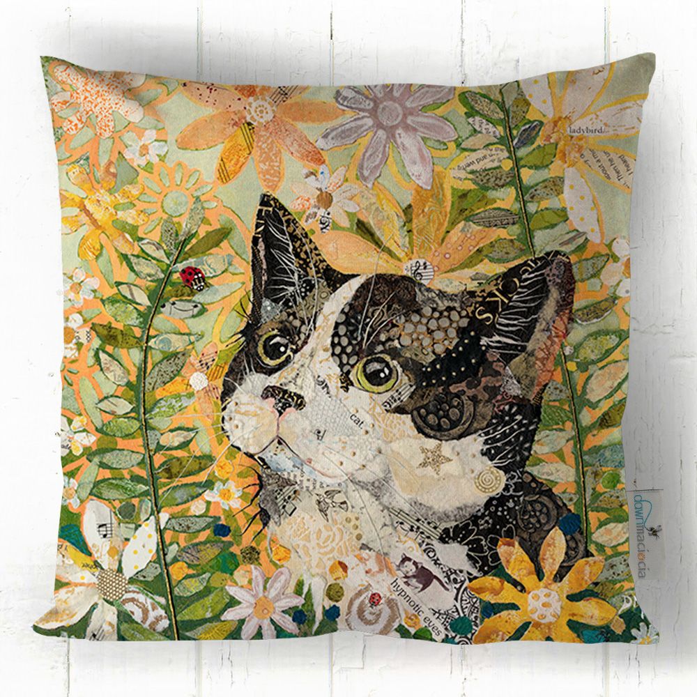 Black Cat and Flowers - Cushion