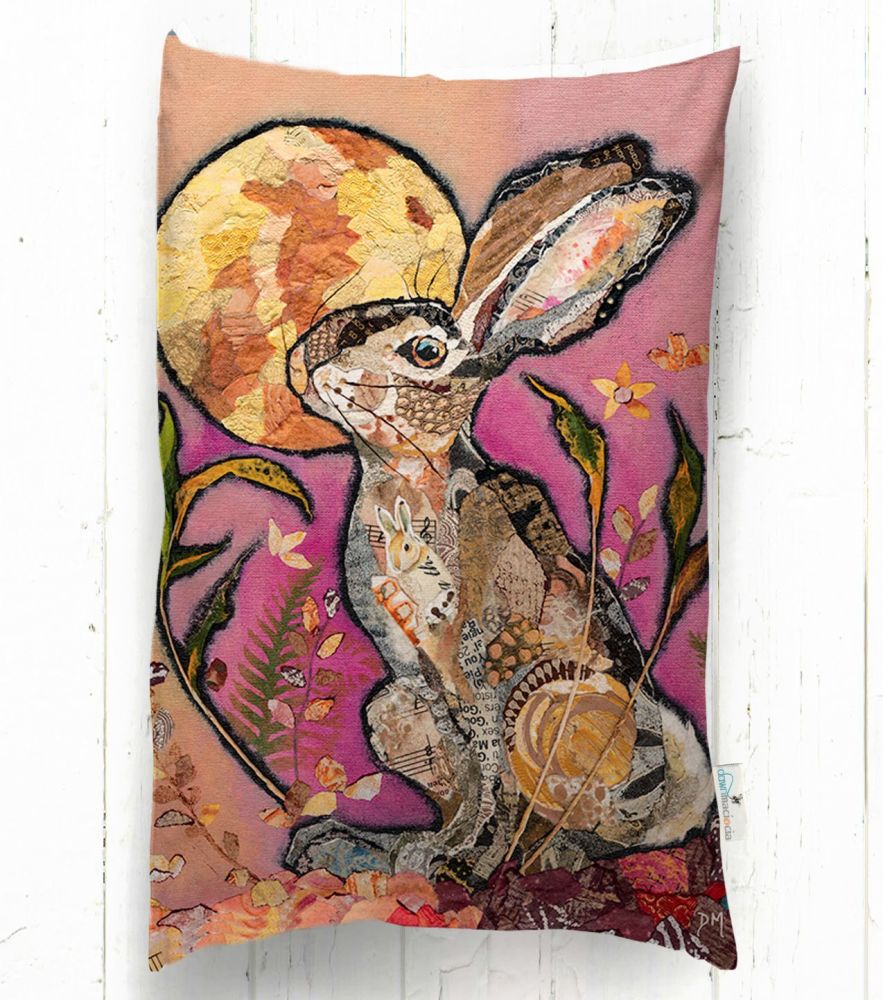 Sitting Hare Looking at Moon Art Cushion