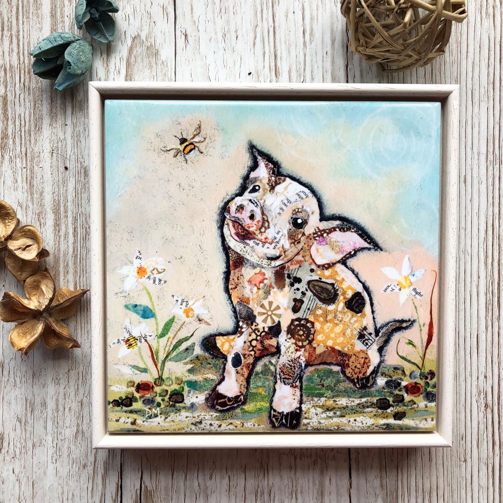Pig and Bee Decorative Art Tile Framed