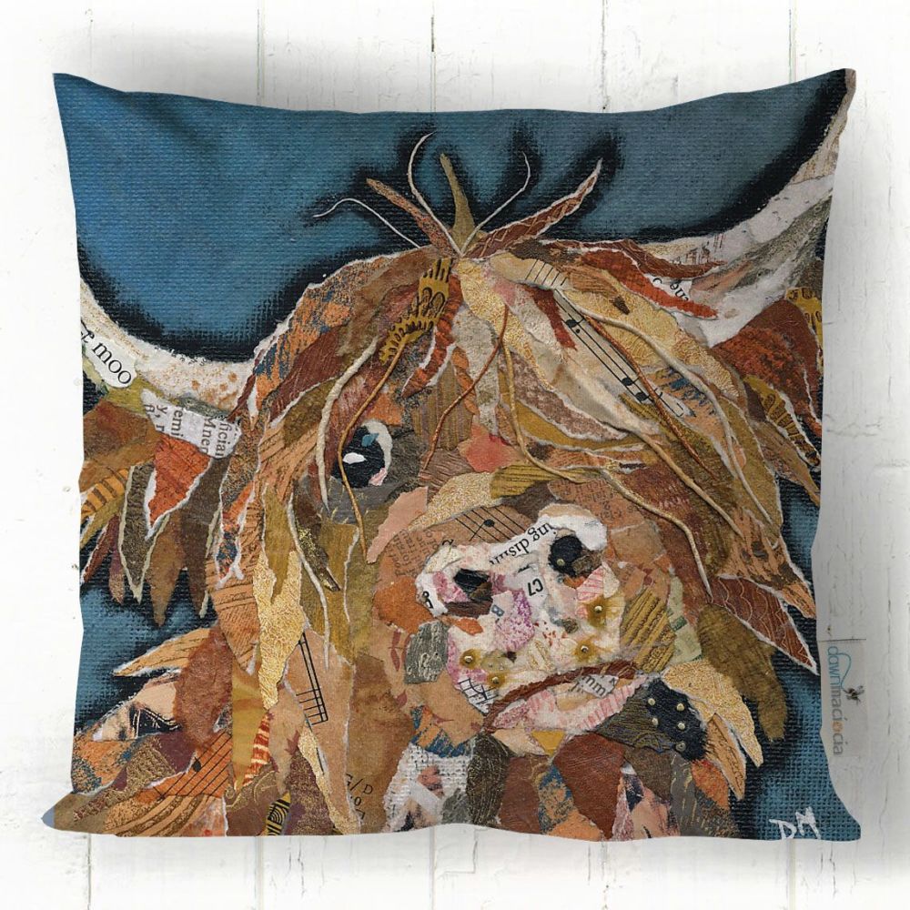Angus - Highland Cow Blue & Brown Sofa Cushion