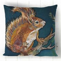 Wee Red Squirrel Cushion on Dark Teal Background