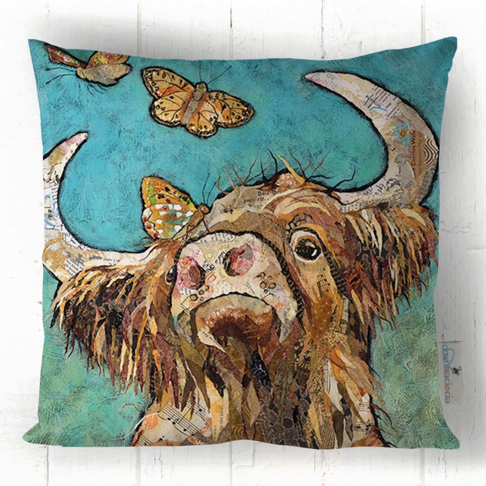 Buttercoo - Highland Cow & Butterflies Cushion - Blue & Brown - Faux-Suede