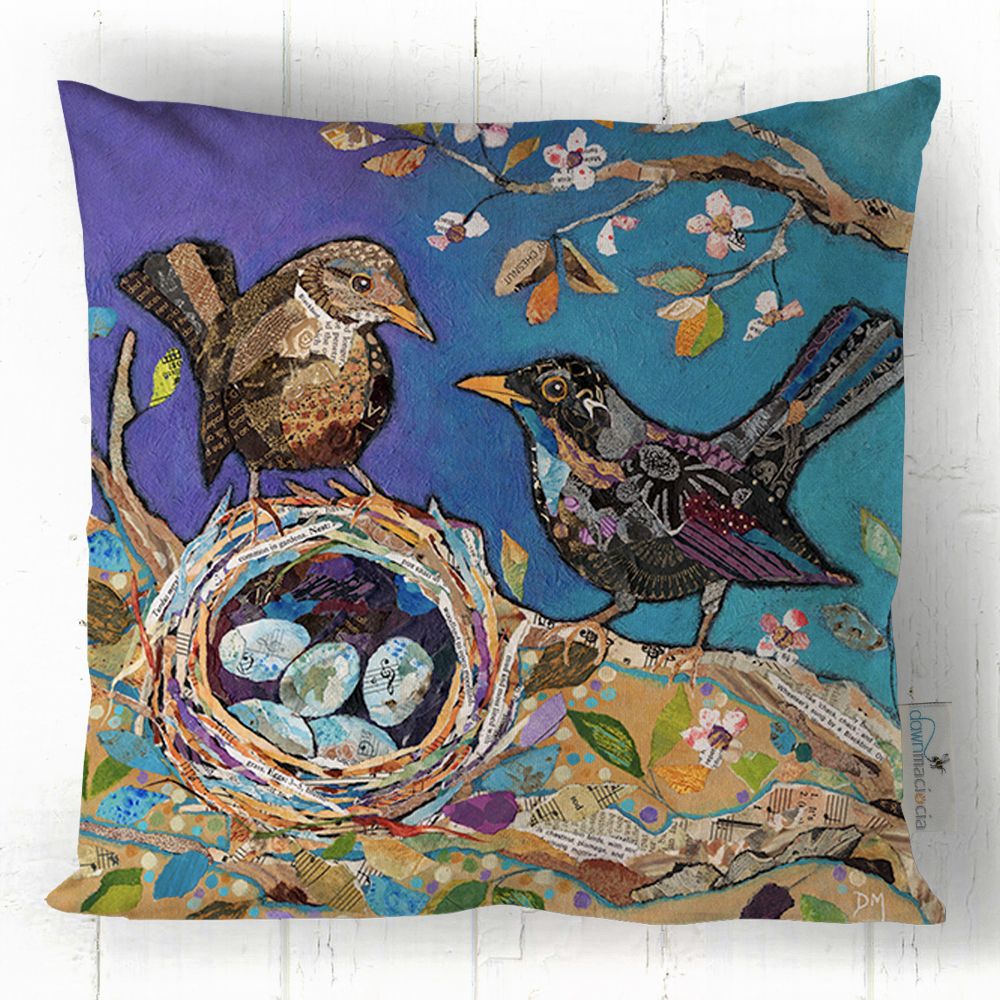 Blackbirds and Nest of Eggs Printed Cushion