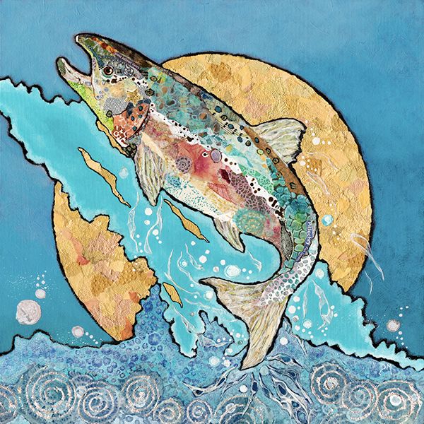Salmon Leaping (on blue)- Large Print