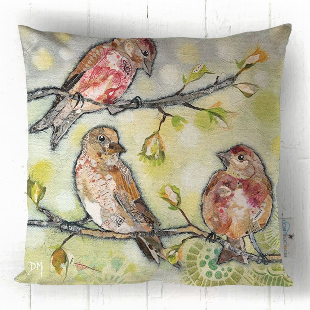 Three Linnet Birds Printed Cushion