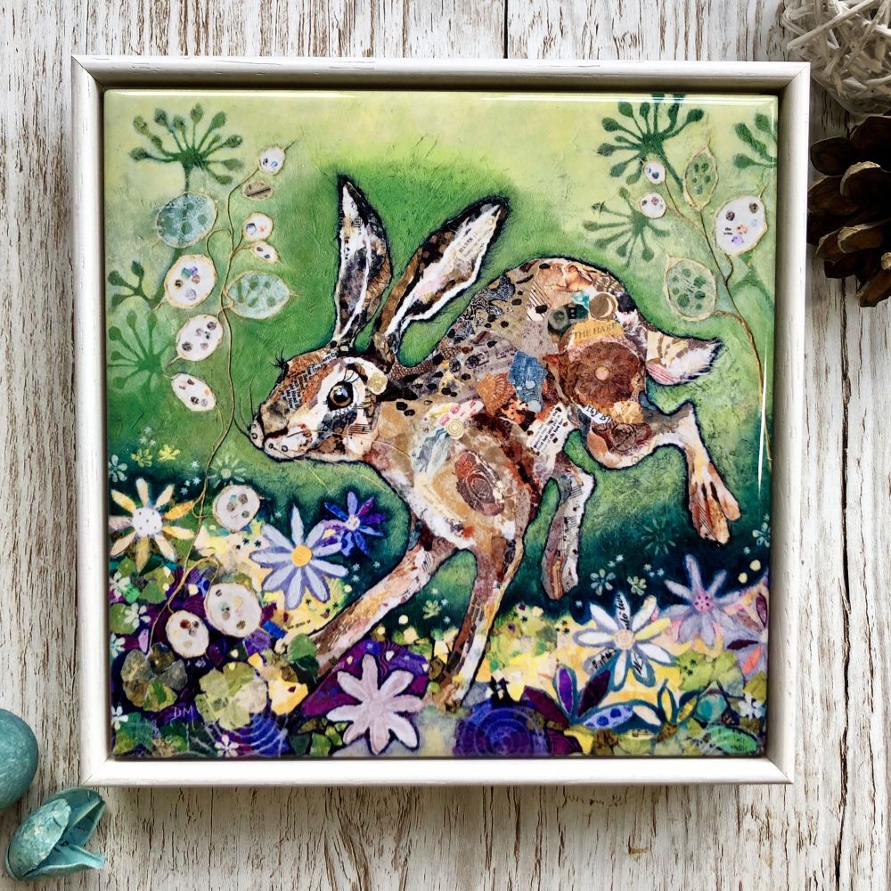 Hare In Meadow Decorative Art Tile Framed