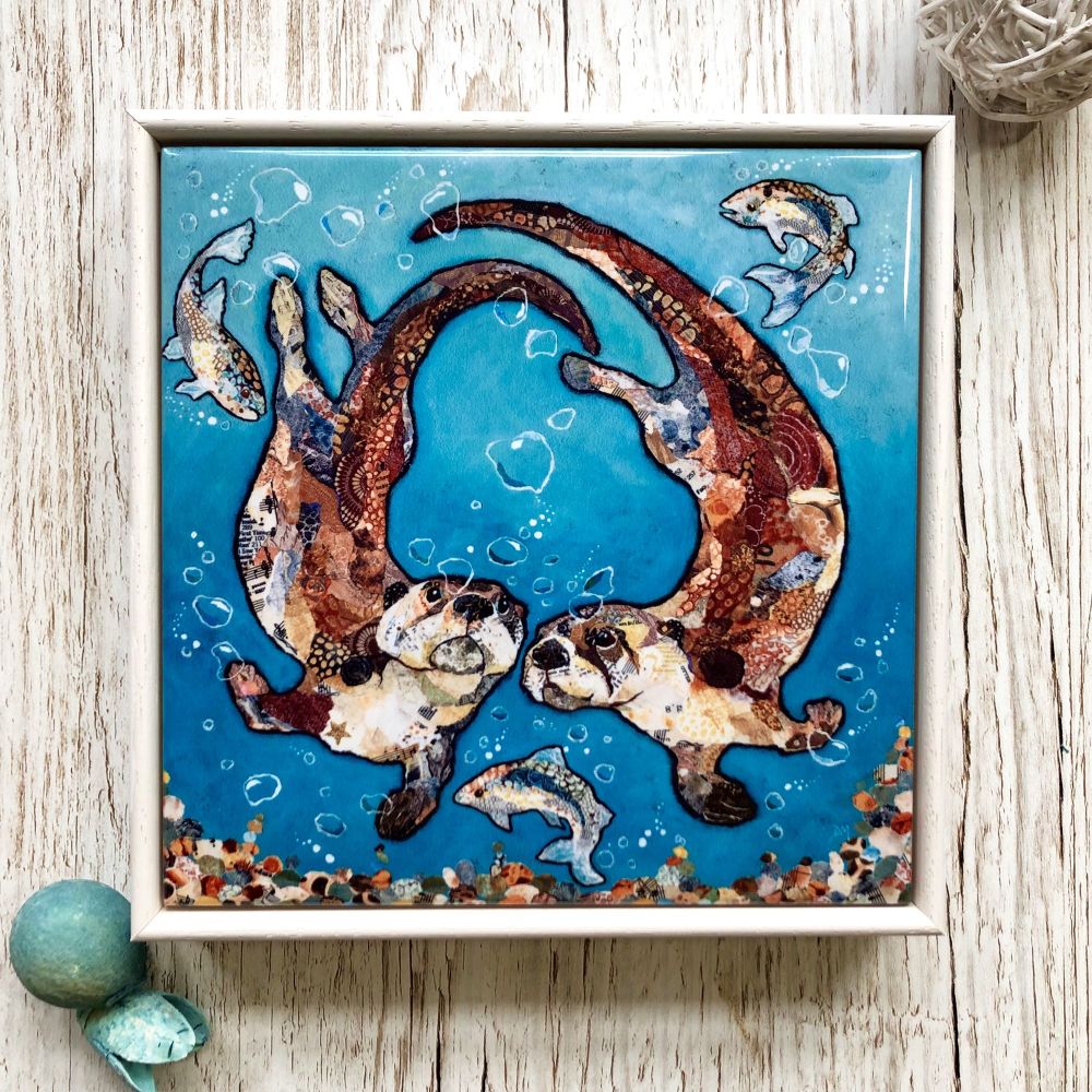 Swimming Otters Decorative Art Tile Framed