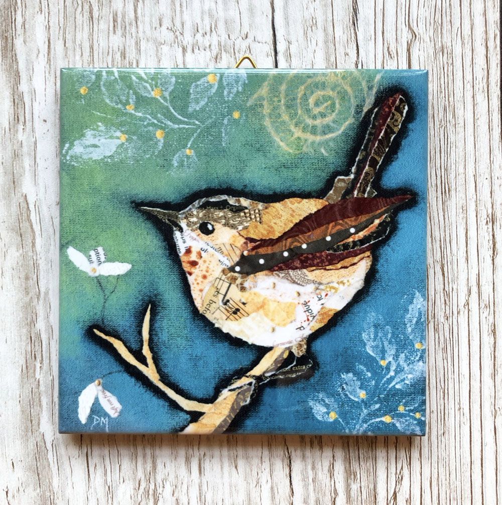 Wren on Aqua - Mini Ceramic Tile in Gift Box