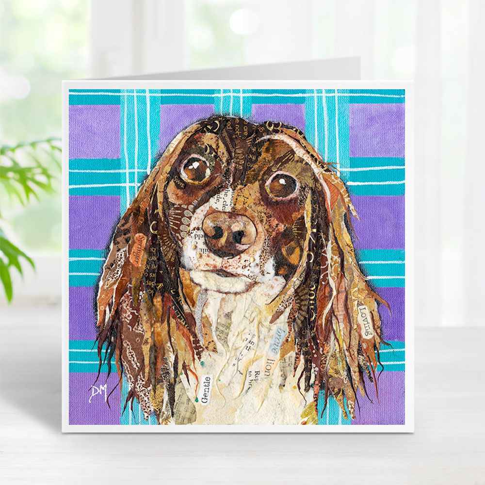 Springer Spaniel Dog on Tartan Background Art Greetings Card