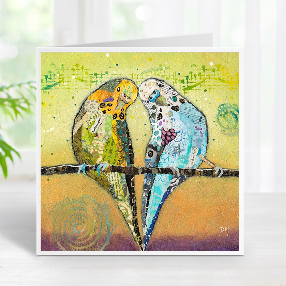 Two Budgies Friends on Yellow Green Background Art Greetings Card