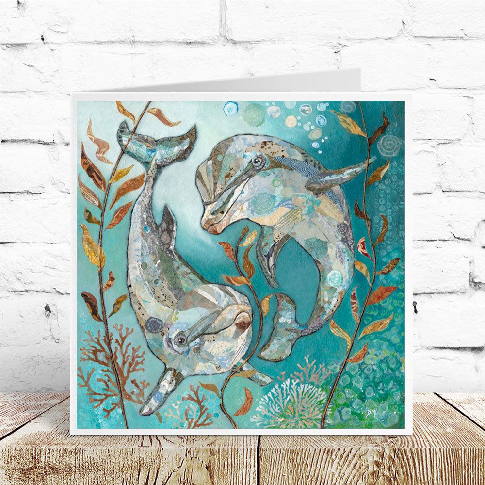 Two Dolphins Swimming with Teal Underwater Scene Art Greetings Card