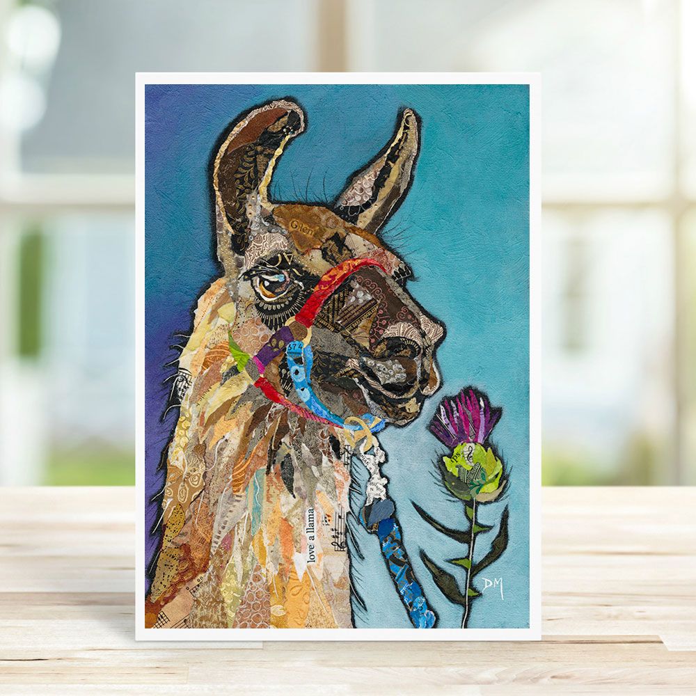 Llama and Thistle on Blue Background Torn Paper Art Printed Card