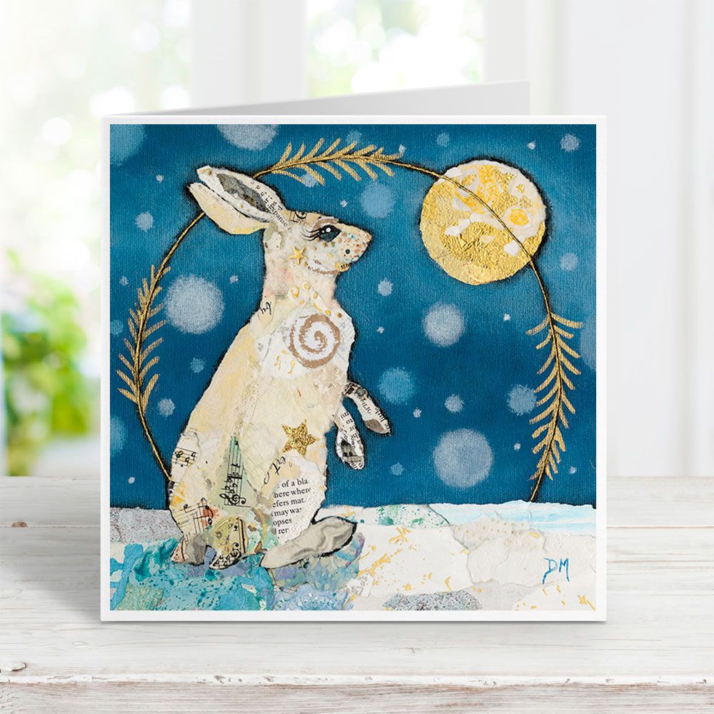 Mountain Hare Looking at Moon in Snowy Scene Greetings Card