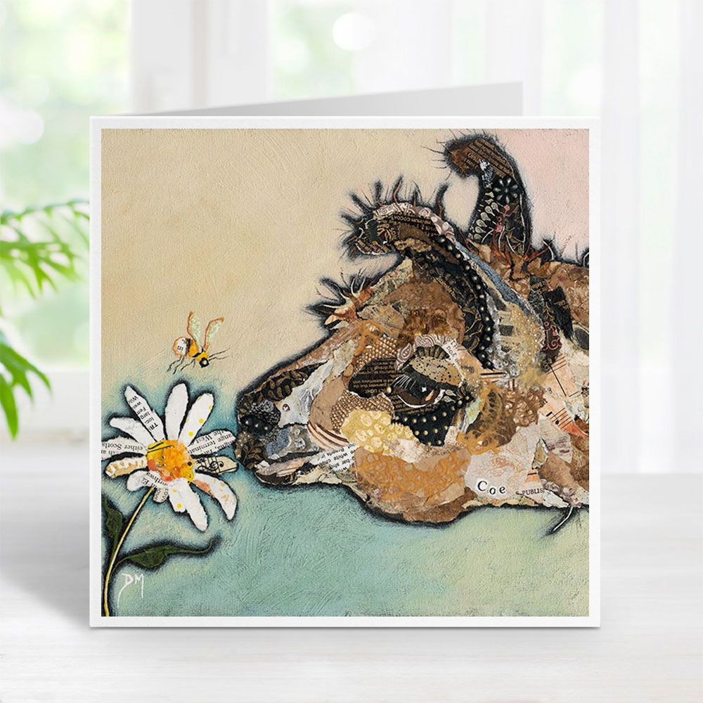 Llama Smelling a Flower with Bumble Bee Torn Paper Art Printed Card