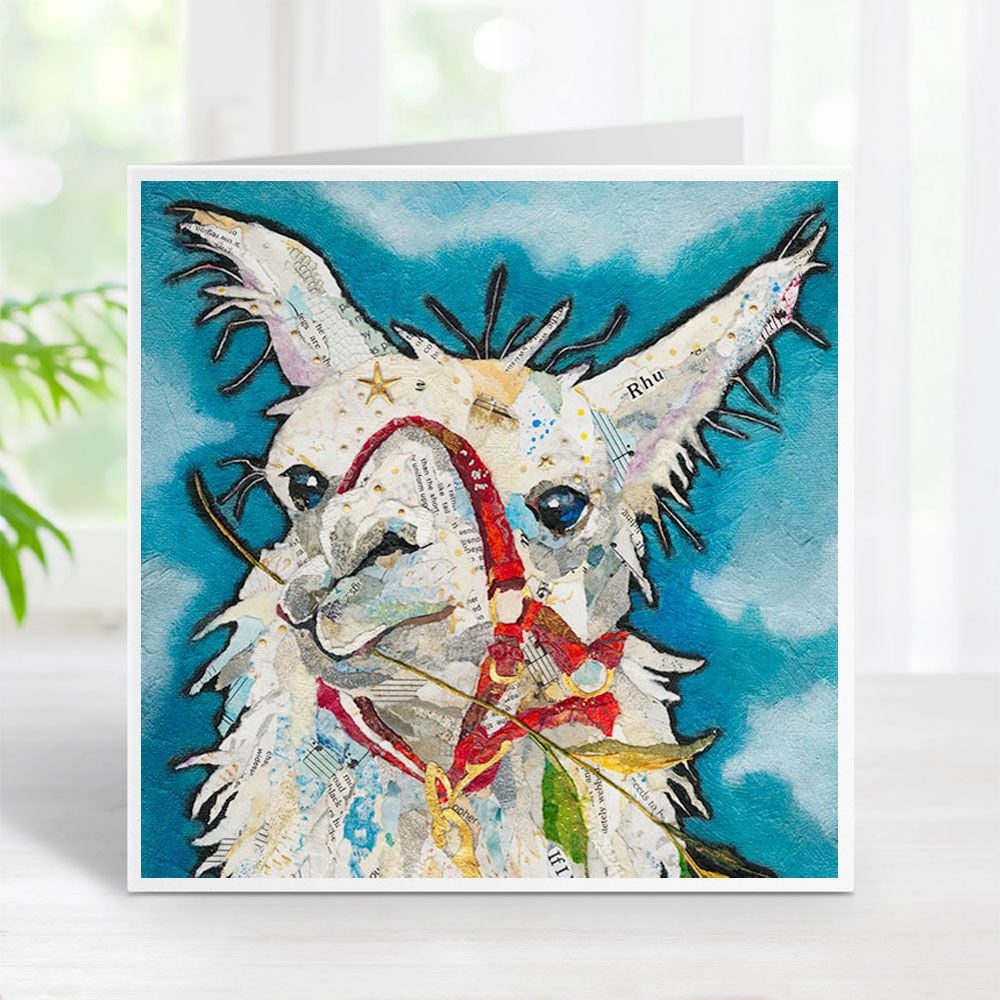 Llama Rhu Eating Grass on Blue Background Torn Paper Art Printed Card
