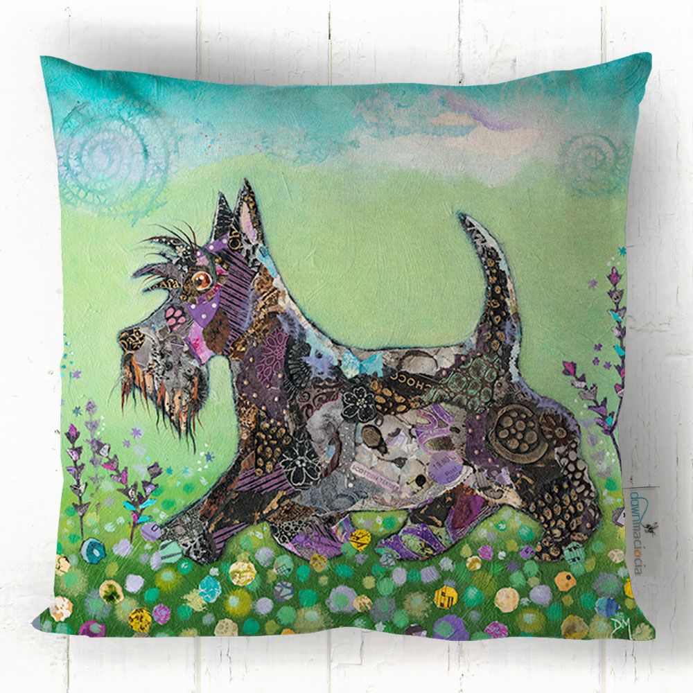 Trotty Scotty -  Scottish Terrier Cushion - Green Black Purple Yellow