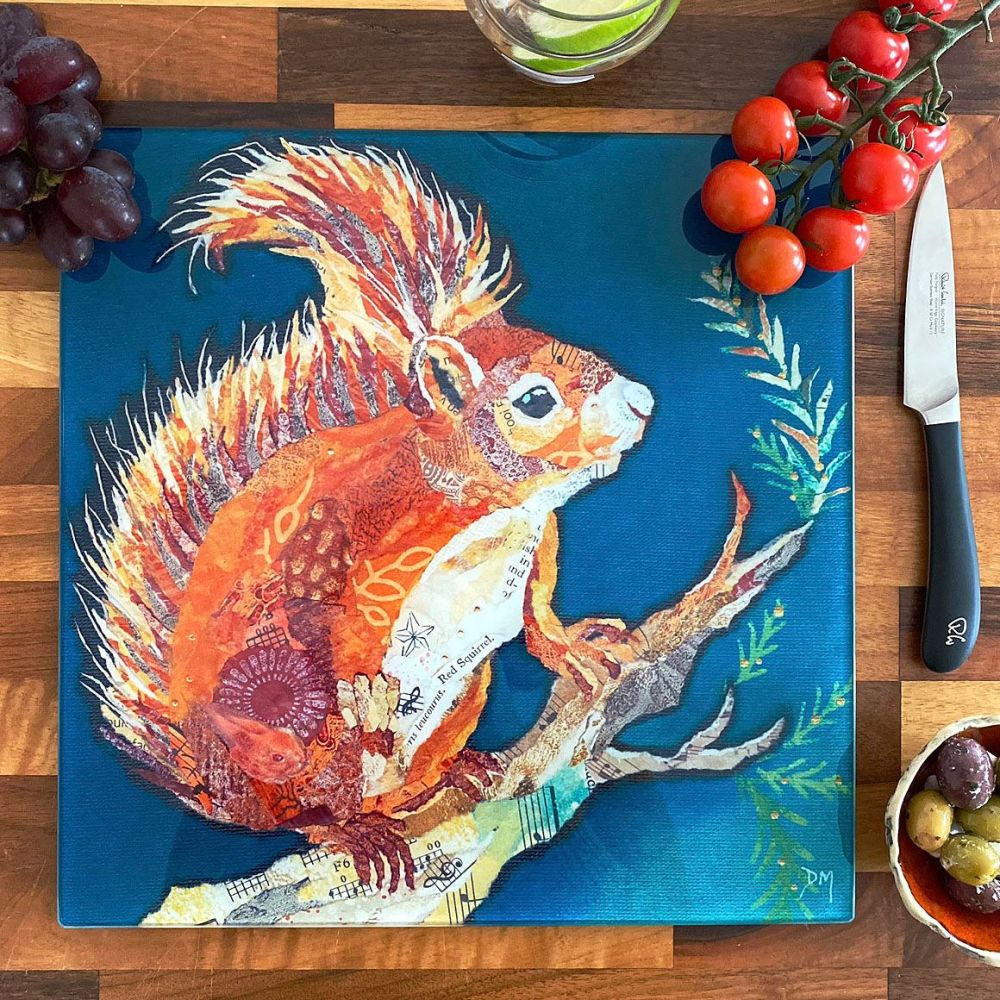 Wee Red Squirrel Glass Chopping Board, Worktop Saver