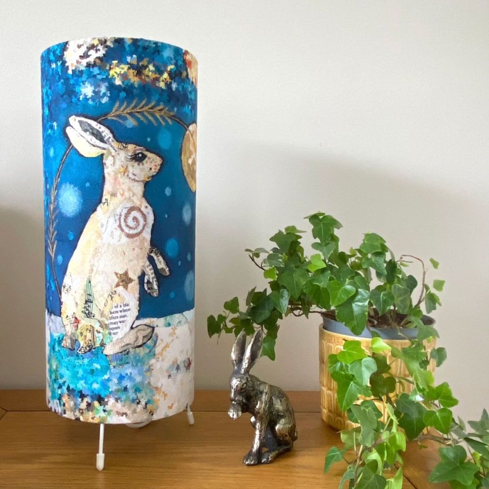 Luna Hare Cylinder Table Lamp, blue white and gold