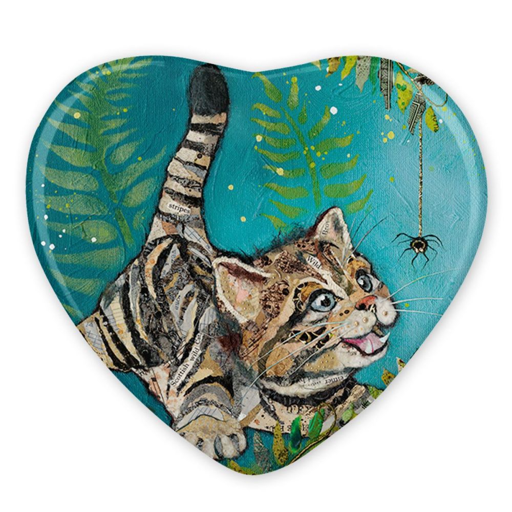 Scottish Wildcat Kitten and Spider Ceramic Heart Magnet