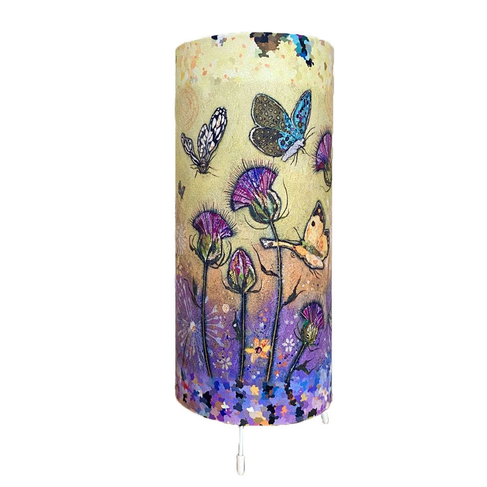 Flutterbies Cylinder Table Lamp, yellow and mauve