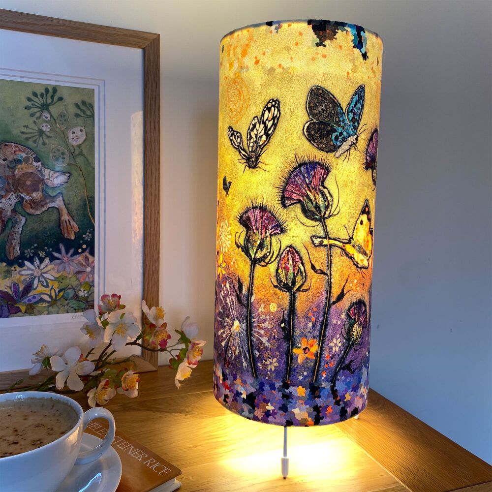 Butterflies and Thistles Cylinder Table Lamp, yellow and mauve