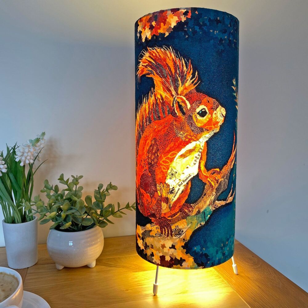 Wee Red Squirrel Cylinder Table Lamp on dark teal background