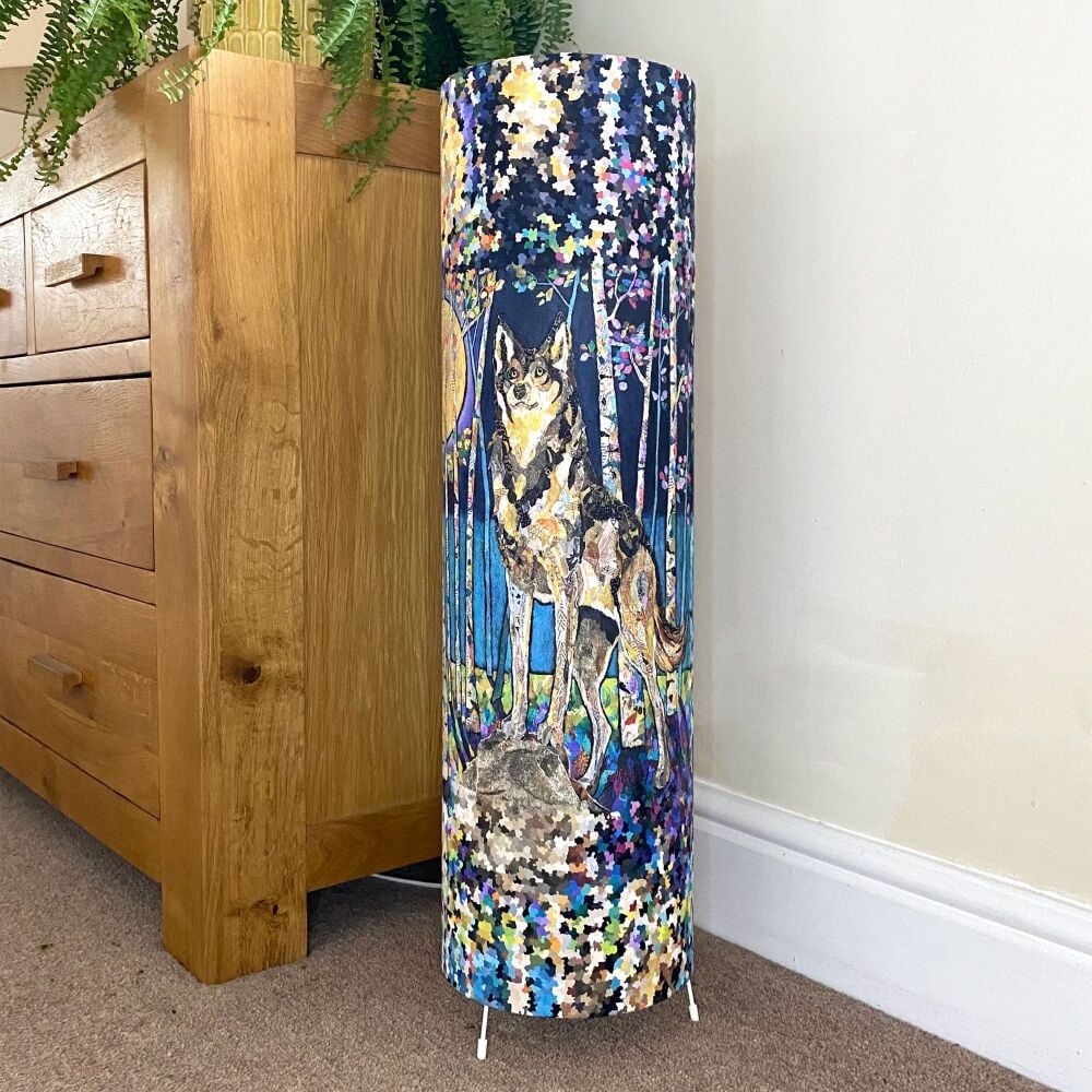 Moon Guardian Wolf Floor Lamp in purples, blues and golden yellows