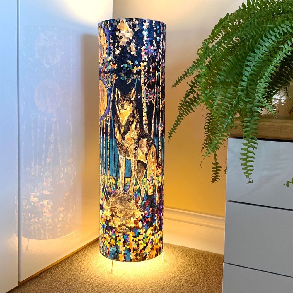 Moon Guardian Wolf Floor Lamp in purples, blues and golden yellows