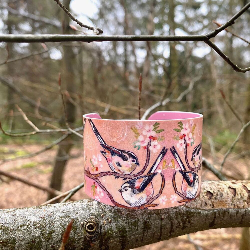 Bottoms Up Long-Tailed Tits Aluminium Cuff Bangle Bracelet