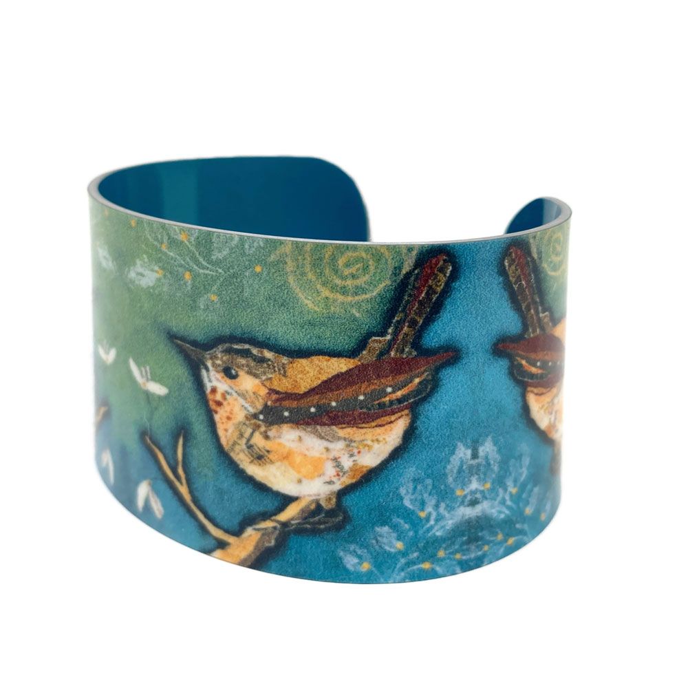 Wren on Aqua Aluminium Cuff Bangle Bracelet