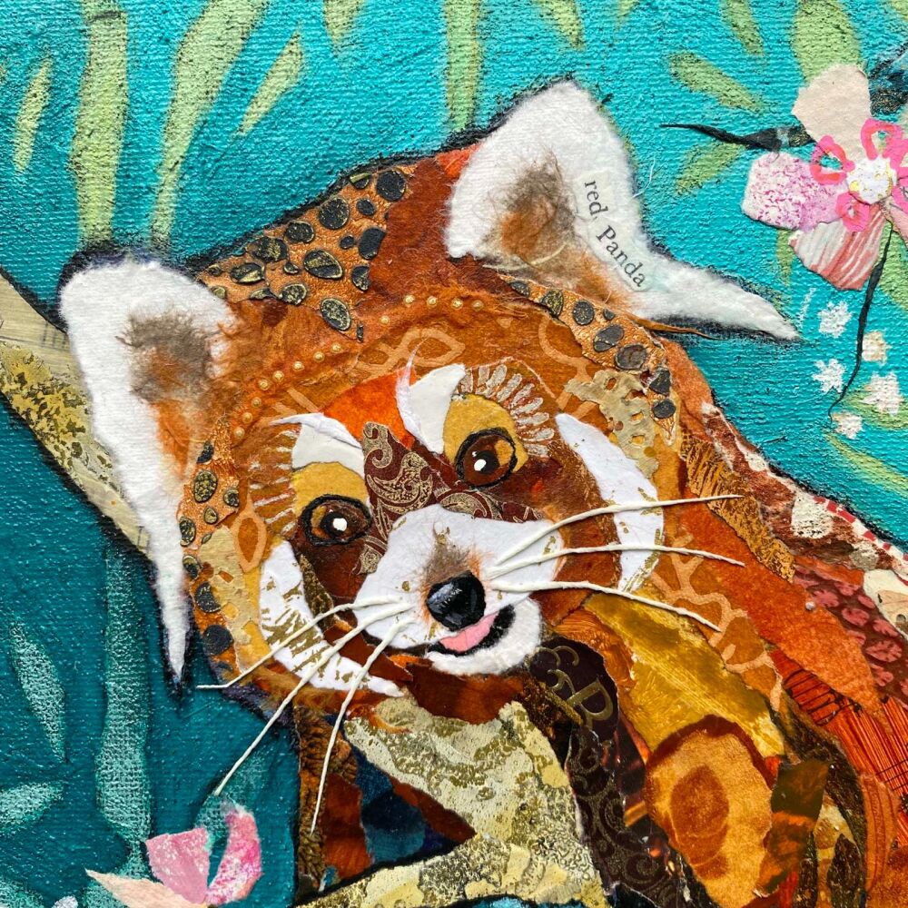 Red Panda and Blossom - Original Collage Wall Art