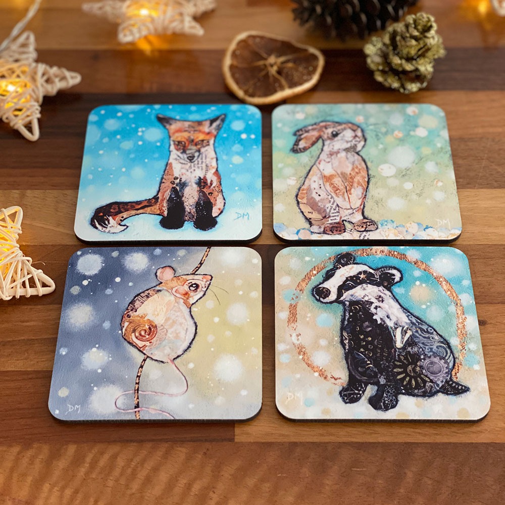 wildlife coasters on wooden table 