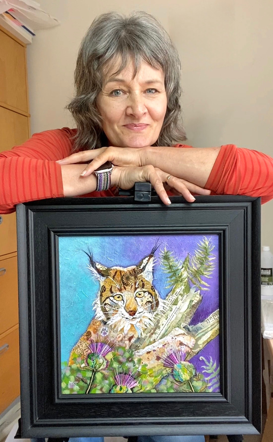 Dawn Maciocia in her art studio with her original lynx art