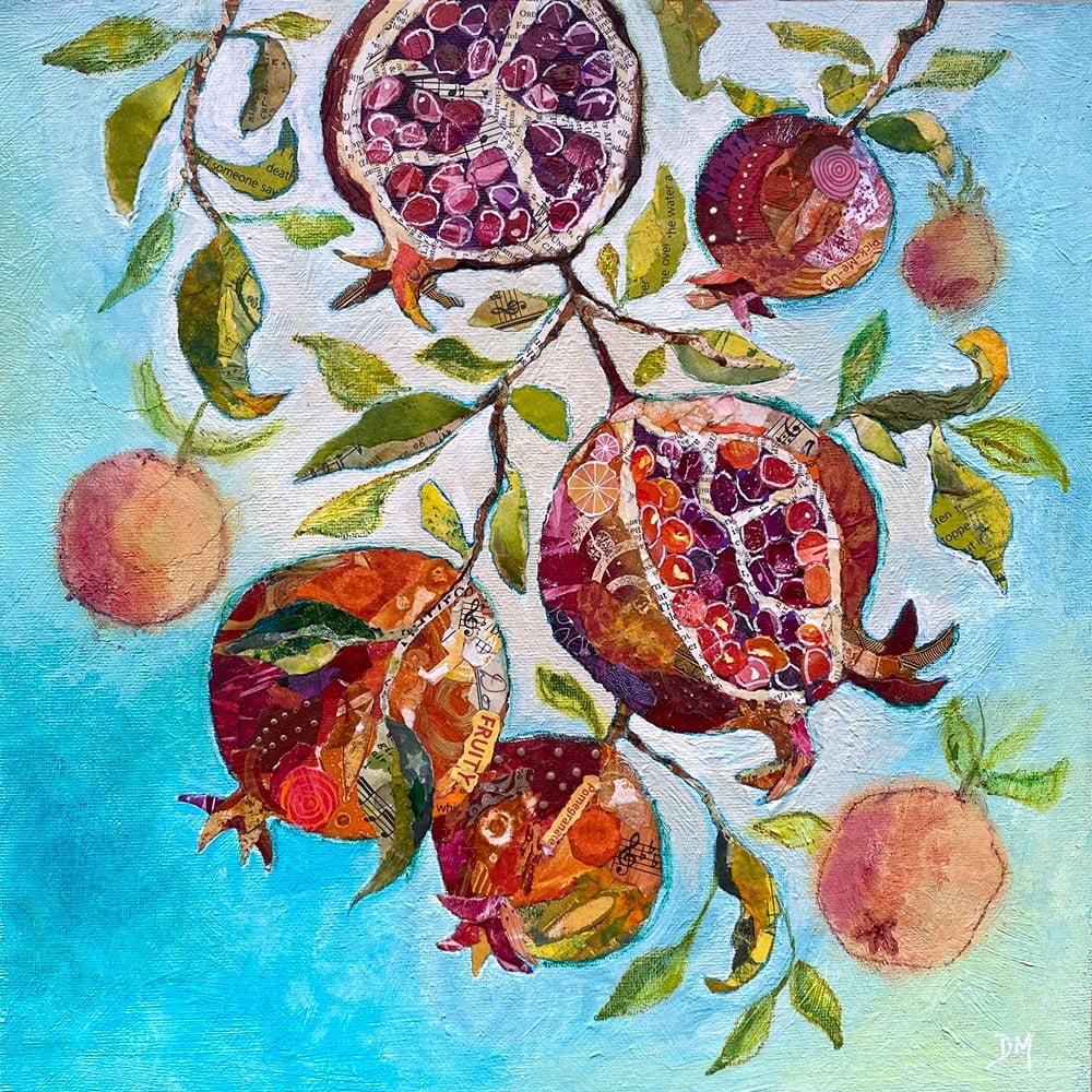 pomegranate torn paper collage art by Dawn Maciocia
