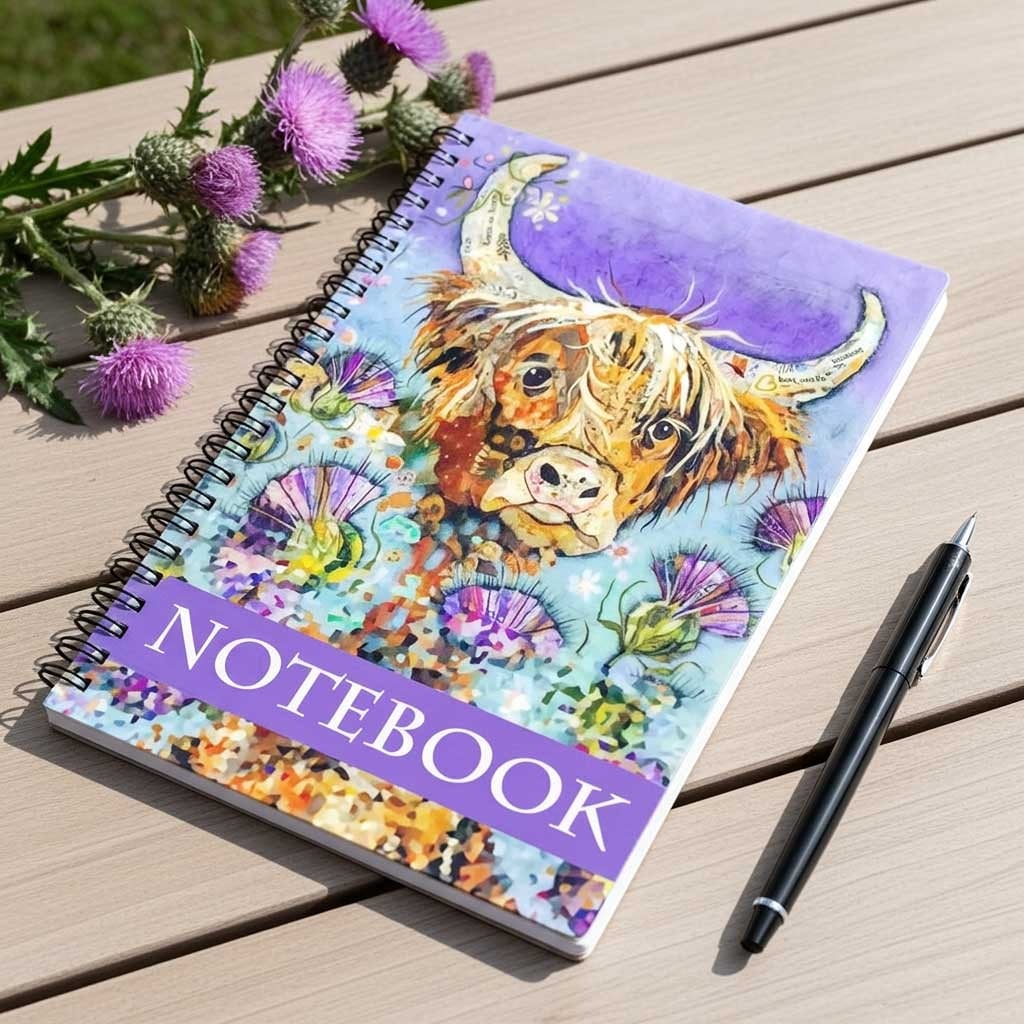 highland cow notebook by Dawn Maciocia placed on a table