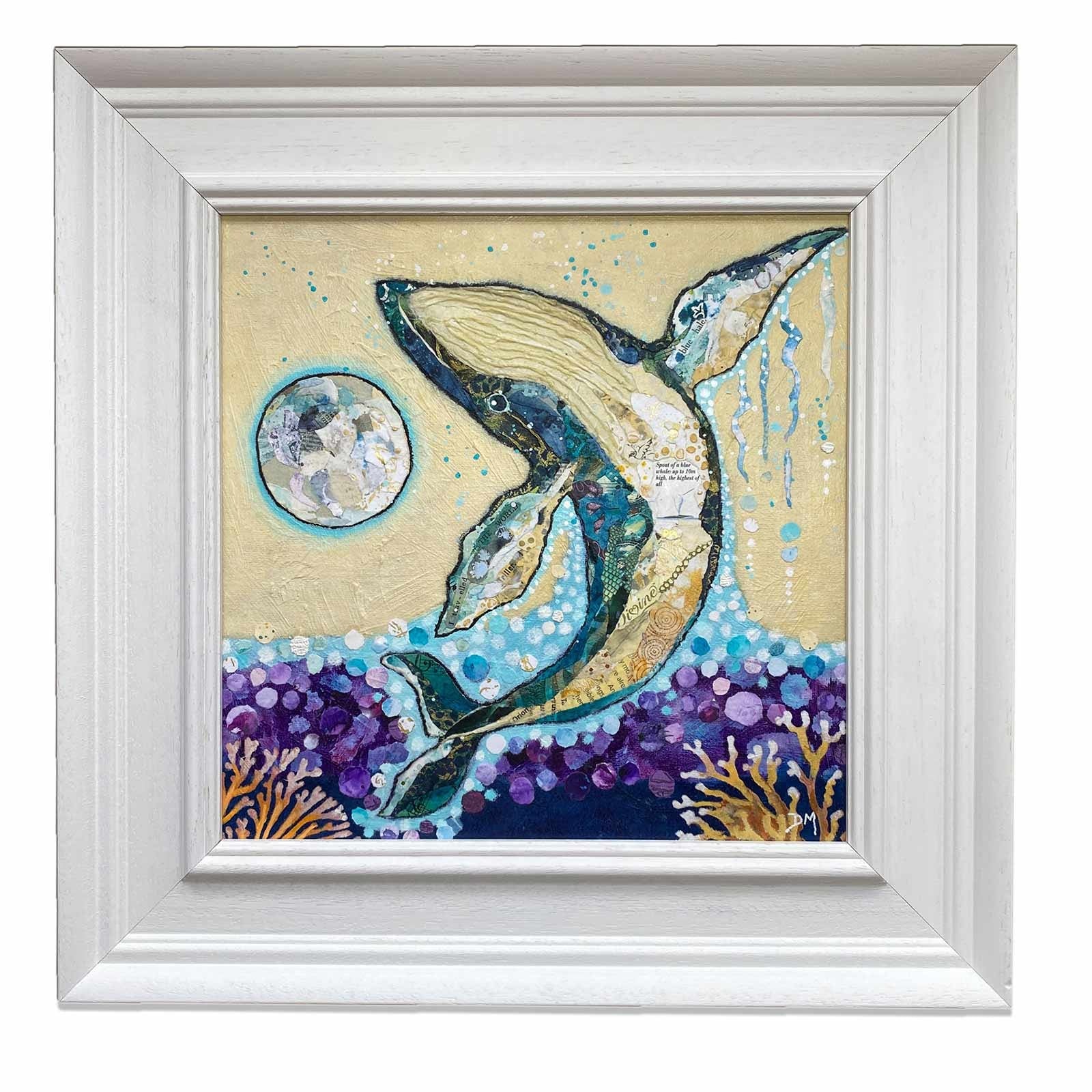 framed blue whale original art by Scottish collage artist Dawn Maciocia featuring a leaping blue whale