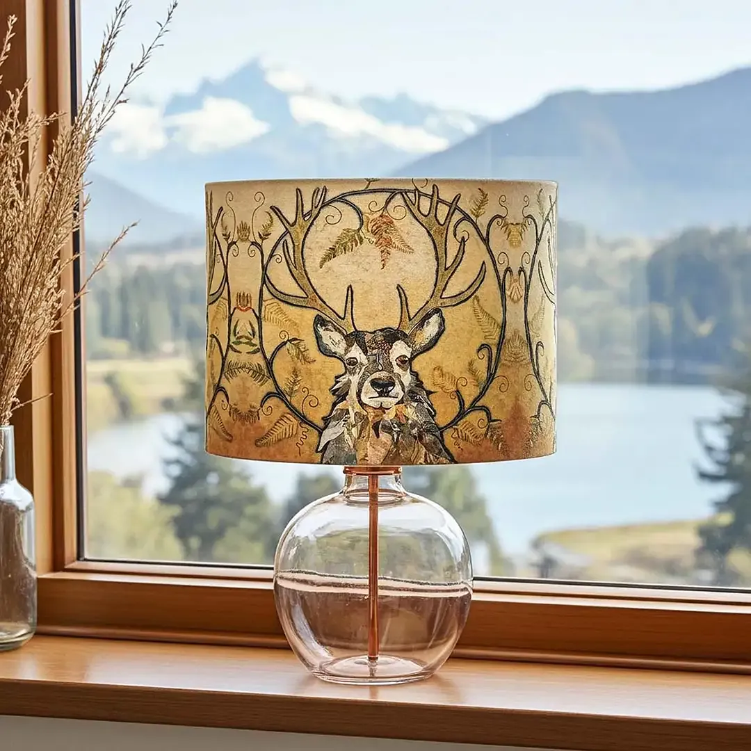 Golden Monarch Stag Lampshade by Scottish collage artist Dawn Maciocia