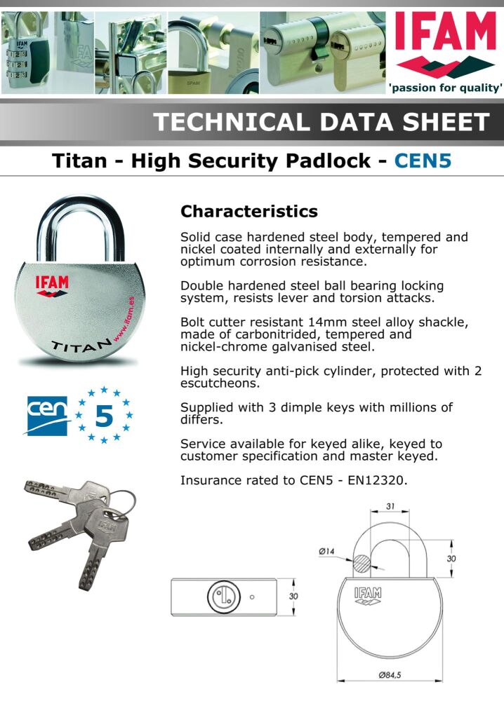 IFAM TITAN TOP RATED EN12320  HIGH SECURITY PADLOCK.