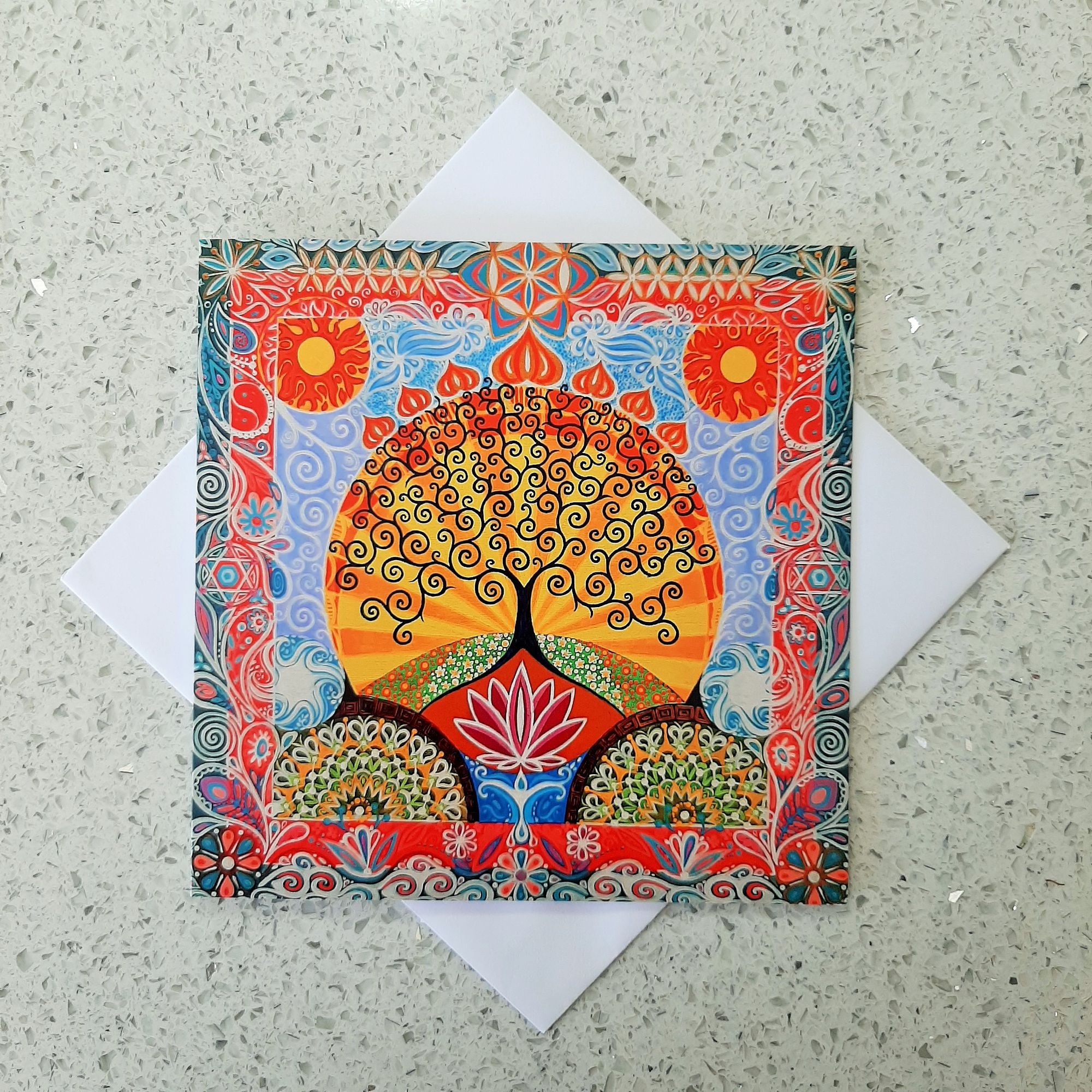 Tree of Life and Lotus Flower 150mm art greetngs card